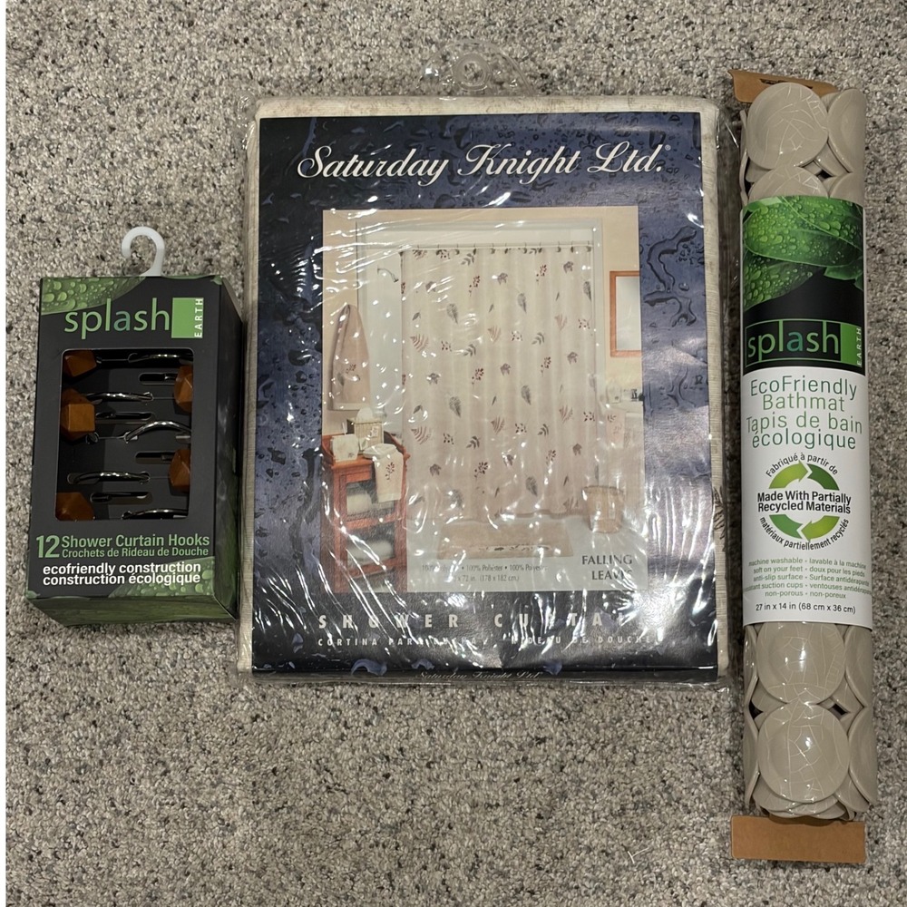 Saturday Knight Falling Leaves Shower Curtain Set Splash Bath Mat & Hooks NEW
